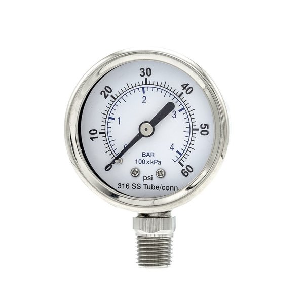 Pic Gauges Gauge, 2", 0/60psi, 1/4"LM, SS PRO-301D-204D-01